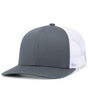 Augusta Sportswear's Trucker Snapback Cap features a gray and white mesh design with a curved brim, highlighting its mid-profile appearance from a slight angle. The pro-stitched finish enhances both durability and style.