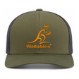 The Australia Wallabies Trucker Snapback – Limited Edition by Augusta Sportswear features an olive green and black design with an orange kangaroo logo and “Wallabies” text on the front—perfect for any Wallabies fan.