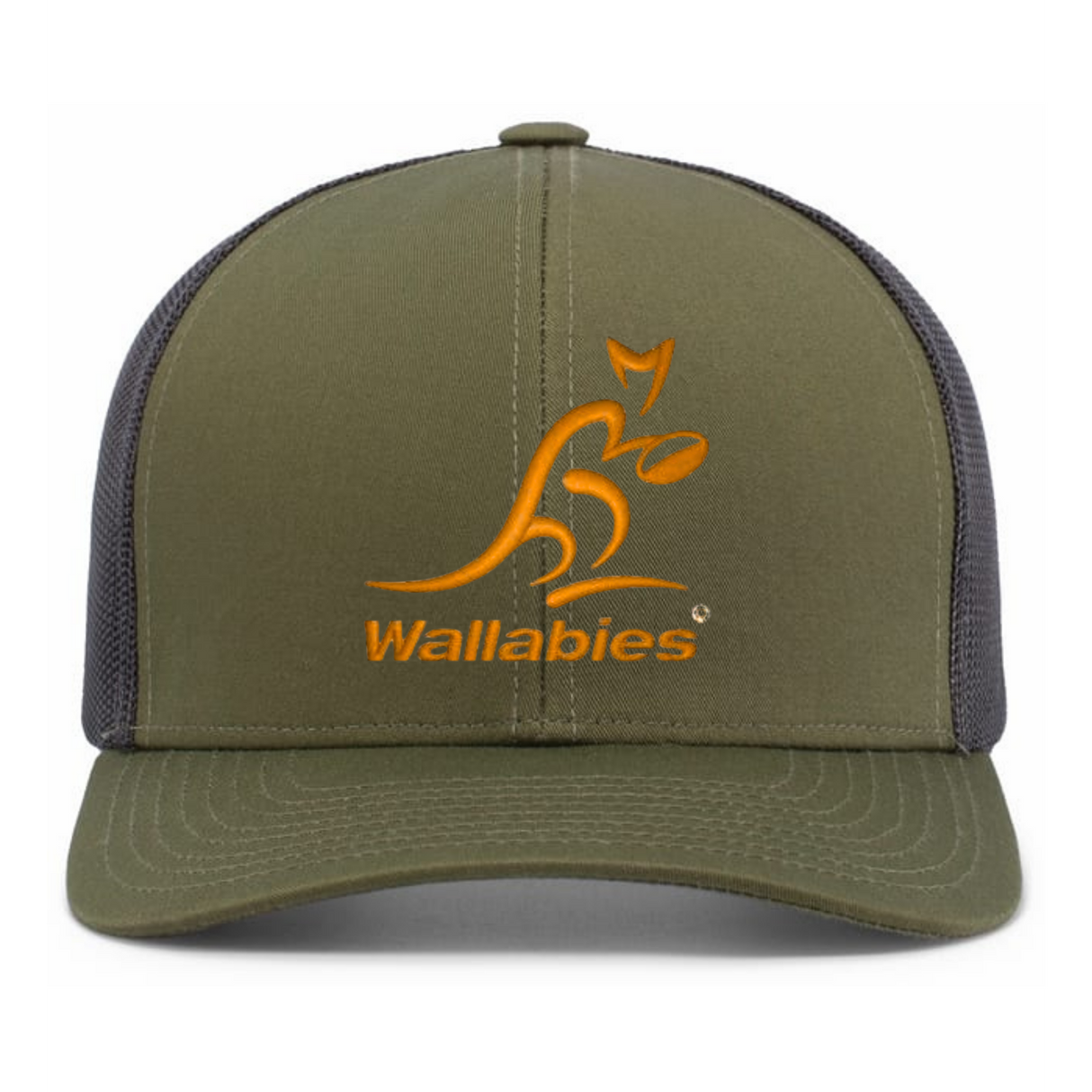 The Australia Wallabies Trucker Snapback – Limited Edition by Augusta Sportswear features an olive green and black design with an orange kangaroo logo and “Wallabies” text on the front—perfect for any Wallabies fan.