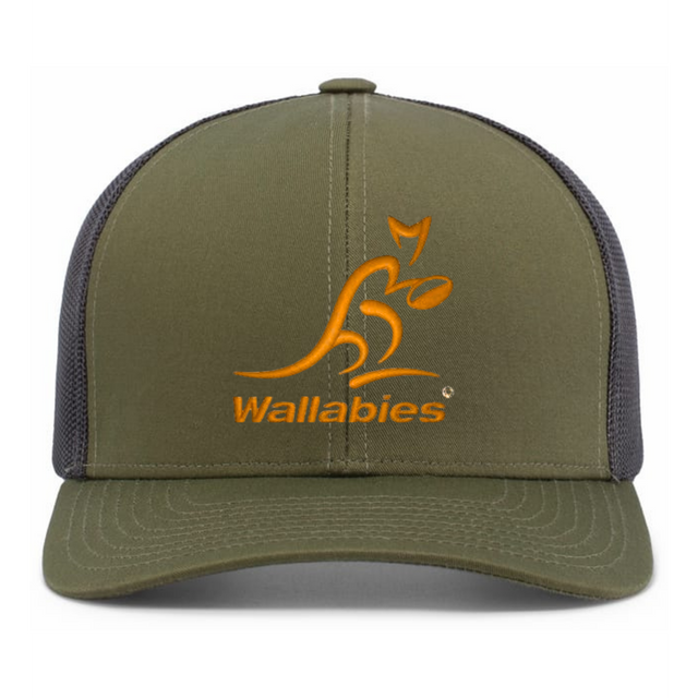 The Australia Wallabies Trucker Snapback – Limited Edition by Augusta Sportswear features an olive green and black design with an orange kangaroo logo and “Wallabies” text on the front—perfect for any Wallabies fan.