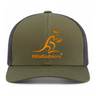 The Australia Wallabies Trucker Snapback – Limited Edition by Augusta Sportswear features an olive green and black design with an orange kangaroo logo and “Wallabies” text on the front—perfect for any Wallabies fan.