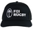 The Fiji 5-Panel Trucker Snapback - Limited Edition by Augusta Sportswear features a black design with white embroidered palm tree and "FIJI RUGBY" on the front—a must-have hat for fans and collectors.