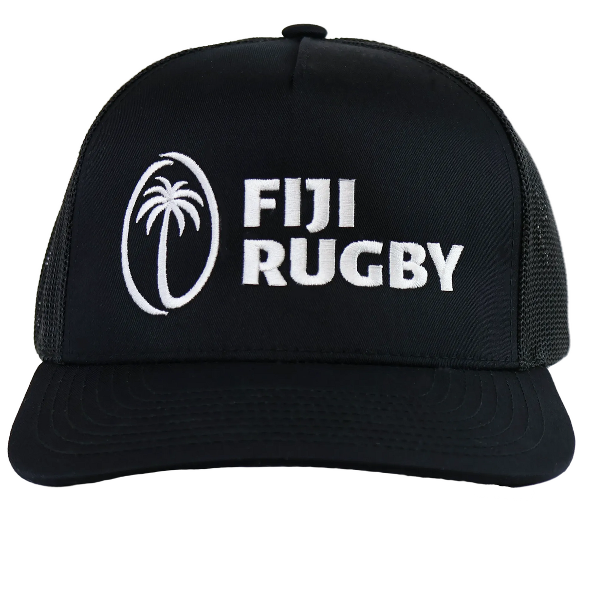 The Fiji 5-Panel Trucker Snapback - Limited Edition by Augusta Sportswear features a black design with white embroidered palm tree and "FIJI RUGBY" on the front—a must-have hat for fans and collectors.