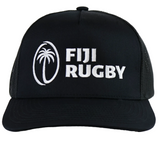 The Fiji 5-Panel Trucker Snapback - Limited Edition by Augusta Sportswear features a black design with white embroidered palm tree and "FIJI RUGBY" on the front—a must-have hat for fans and collectors.
