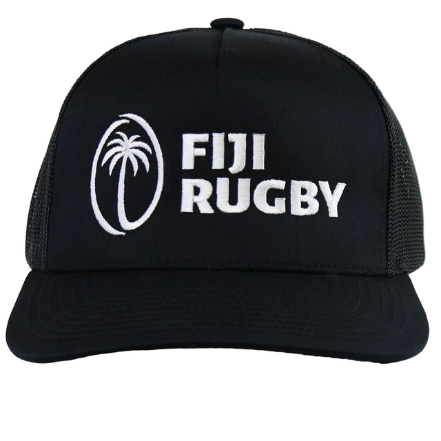 The Fiji 5-Panel Trucker Snapback - Limited Edition by Augusta Sportswear features a black design with white embroidered palm tree and "FIJI RUGBY" on the front—a must-have hat for fans and collectors.