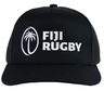 The Fiji 5-Panel Trucker Snapback - Limited Edition by Augusta Sportswear features a black design with white embroidered palm tree and "FIJI RUGBY" on the front—a must-have hat for fans and collectors.