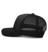 The Augusta Sportswear Fiji 5-Panel Trucker Snapback - Limited Edition features a black solid front, mesh back, and curved brim. Displayed on a white background, it's perfect for any Fiji Rugby hat collector.