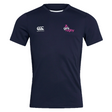 The Girls Rugby Club Dry Tee by EMB Canterbury features navy blue short sleeves, a "Canterbury" logo on the left chest, a pink and white "Girls Rugby" logo on the right chest, and Vapodri Technology for breathable active comfort.