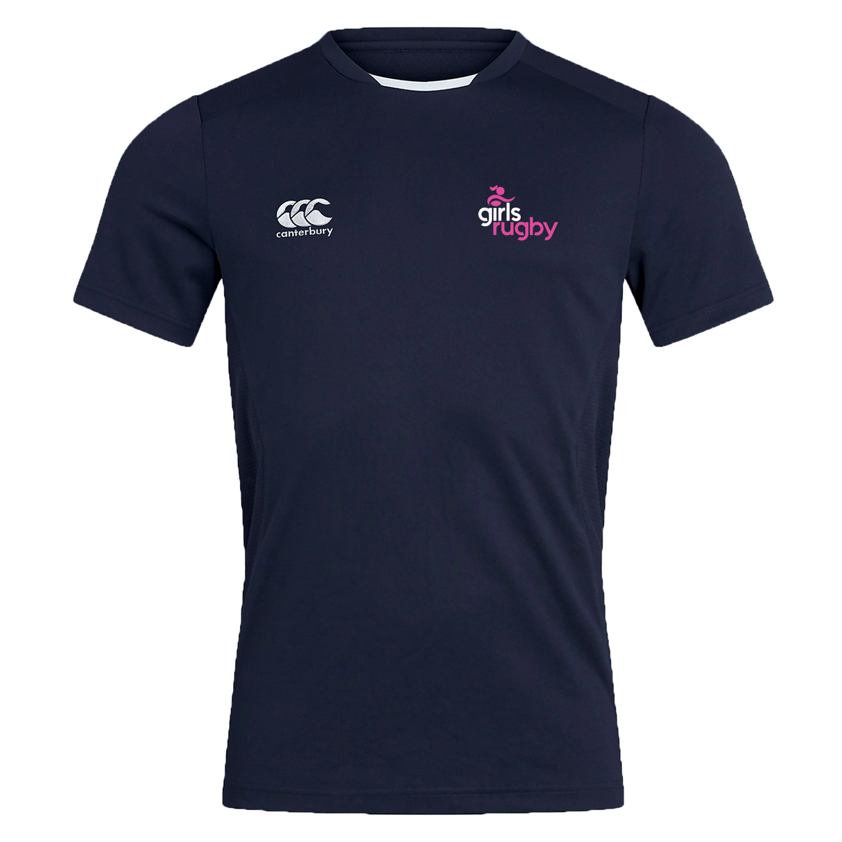 The Girls Rugby Club Dry Tee by EMB Canterbury features navy blue short sleeves, a "Canterbury" logo on the left chest, a pink and white "Girls Rugby" logo on the right chest, and Vapodri Technology for breathable active comfort.