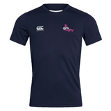 The Girls Rugby Club Dry Tee by EMB Canterbury features navy blue short sleeves, a "Canterbury" logo on the left chest, a pink and white "Girls Rugby" logo on the right chest, and Vapodri Technology for breathable active comfort.