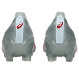 Rear view of a pair of ASICS Menace 5 FG rugby boots in White/Speed Red, featuring red ASICS logos on the heels and designed for firm ground play, set against a white background.