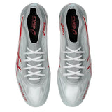 Top view of a pair of ASICS Menace 5 FG - White/Speed Red rugby boots featuring white laces, red accents, and the word "MENACE" on the toe area of each shoe; designed by ASICS for firm ground play.