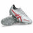 A pair of ASICS Menace 5 FG rugby boots in white with Speed Red accents, featuring "MENACE" printed on the side and designed for optimal performance on firm ground.
