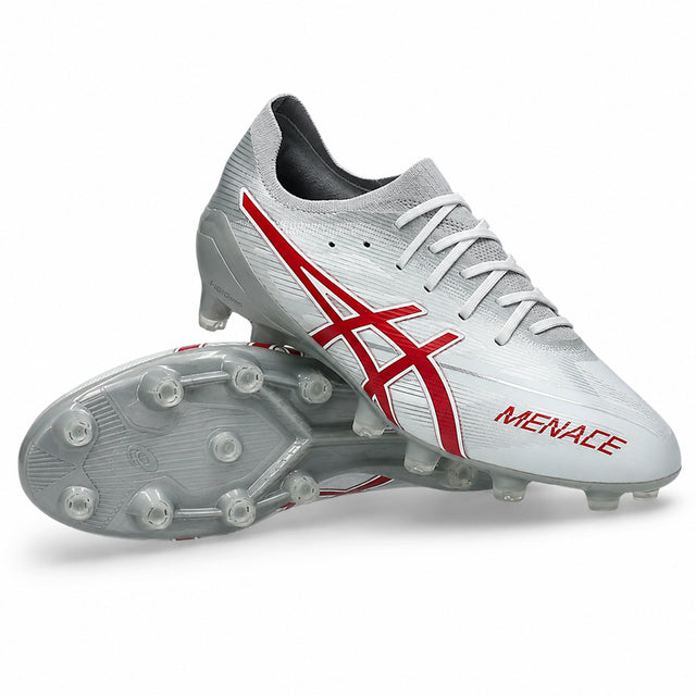 A pair of ASICS Menace 5 FG rugby boots in white with Speed Red accents, featuring "MENACE" printed on the side and designed for optimal performance on firm ground.