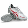 A pair of ASICS Menace 5 FG rugby boots in white with Speed Red accents, featuring "MENACE" printed on the side and designed for optimal performance on firm ground.