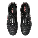 A pair of ASICS Lethal Flash IT FF 3 FG rugby shoes in black with Speed Red and white accents, viewed from above on a white background.