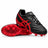 A pair of ASICS Lethal Flash IT FF 3 FG rugby boots in Black/Speed Red, with one boot laid on its side to reveal the sole and the other upright highlighting the ASICS logo and laces. These lightweight firm ground boots offer a blend of comfort and style, making them an excellent choice for players looking for dependable performance on firm surfaces.