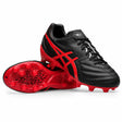 A pair of ASICS Lethal Flash IT FF 3 FG rugby boots in Black/Speed Red, with one boot laid on its side to reveal the sole and the other upright highlighting the ASICS logo and laces. These lightweight firm ground boots offer a blend of comfort and style, making them an excellent choice for players looking for dependable performance on firm surfaces.