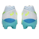 Rear view of two white ASICS Lethal Flash IT FF 3 FG athletic shoes (White/Waterscape), featuring blue soles, green accents, and "FlyteFoam" text—set against a plain white background and designed for lightweight performance inspired by top rugby boots.