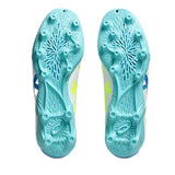 The image displays the turquoise outsoles of the ASICS Lethal Flash IT FF 3 FG soccer cleats in White/Waterscape, featuring molded studs and the ASICS logo, viewed from the bottom—a design that emphasizes lightweight performance inspired by premium rugby boots.