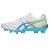 These ASICS Lethal Flash IT FF 3 FG rugby boots in White/Waterscape feature blue and green accents, a turquoise sole, and molded studs for firm ground play—delivering lightweight performance ideal for athletes seeking speed and agility.