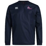 The Girls Rugby Club Vaposhield Contact Top by EMB Canterbury is a navy blue long-sleeve training top featuring "girls rugby" and Canterbury logos, made with Vaposhield technology for comfort and durability.