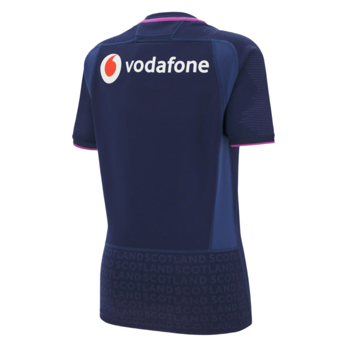 The Women's Scotland 25/26 Replica Home Jersey by Macron features a navy blue design with "vodafone" and its logo across the upper back, plus "SCOTLAND" repeated around the lower hem, inspired by the official Scotland Rugby Women's Jersey.