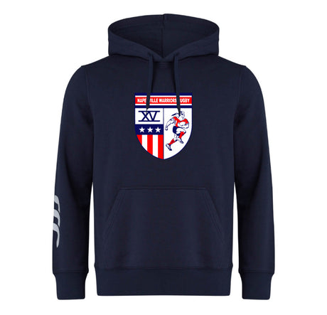 The Naperville Warriors State Finalist Club Hoodie by WRS Canterbury features a rugby-themed crest on the chest, white left sleeve stripes, and a front pocket. Made to order for a personalized touch.
