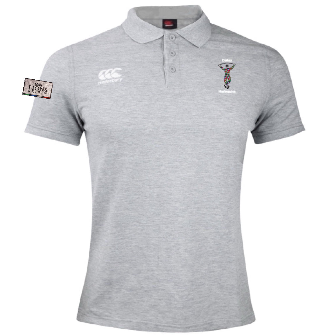 The Dallas Harlequins Lions Origin Waimak Polo by EMB Canterbury is a light grey short-sleeve polo with chest embroidery, a "LIONS" patch on the left sleeve, and made from a comfy cotton-polyester blend.