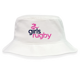 The EMB S&S Activewear Girls Rugby Crusher Bucket Cap is a white cotton twill hat featuring the "girls rugby" logo in navy and pink with a stylized figure, offering stylish sun protection on and off the field.