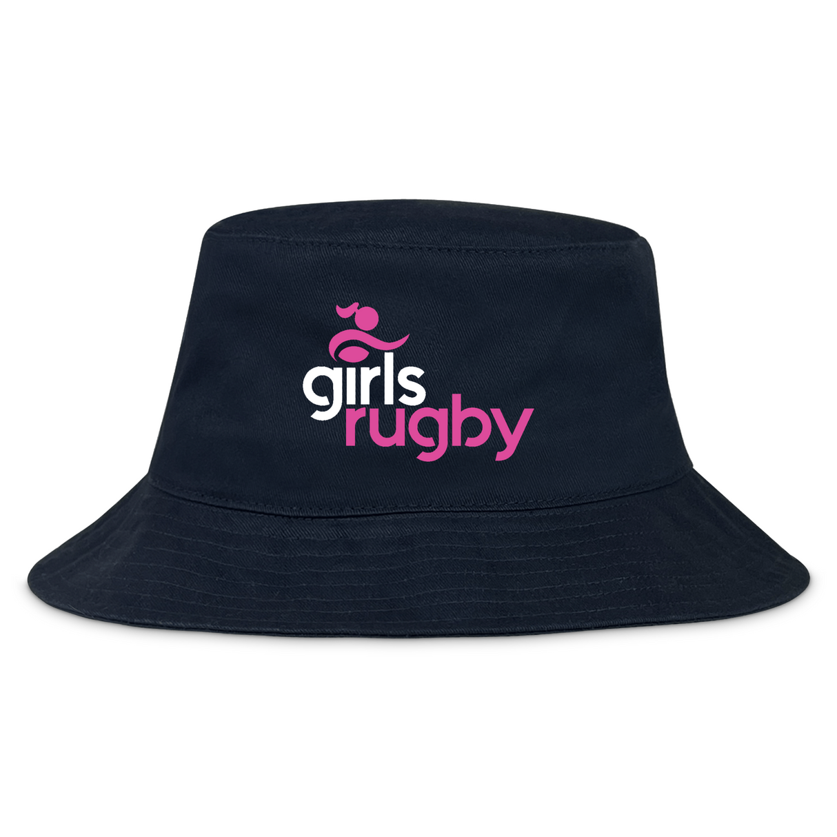 The Girls Rugby Crusher Bucket Cap by EMB S&S Activewear features black cotton twill with "girls rugby" in white and pink letters on the front and a pink abstract logo above, combining sporty style with sun protection.