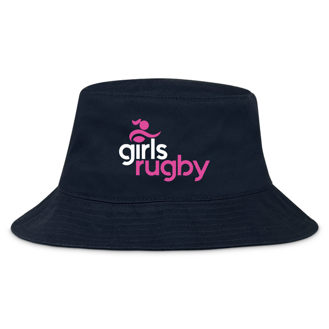 The Girls Rugby Crusher Bucket Cap by EMB S&S Activewear features black cotton twill with "girls rugby" in white and pink letters on the front and a pink abstract logo above, combining sporty style with sun protection.