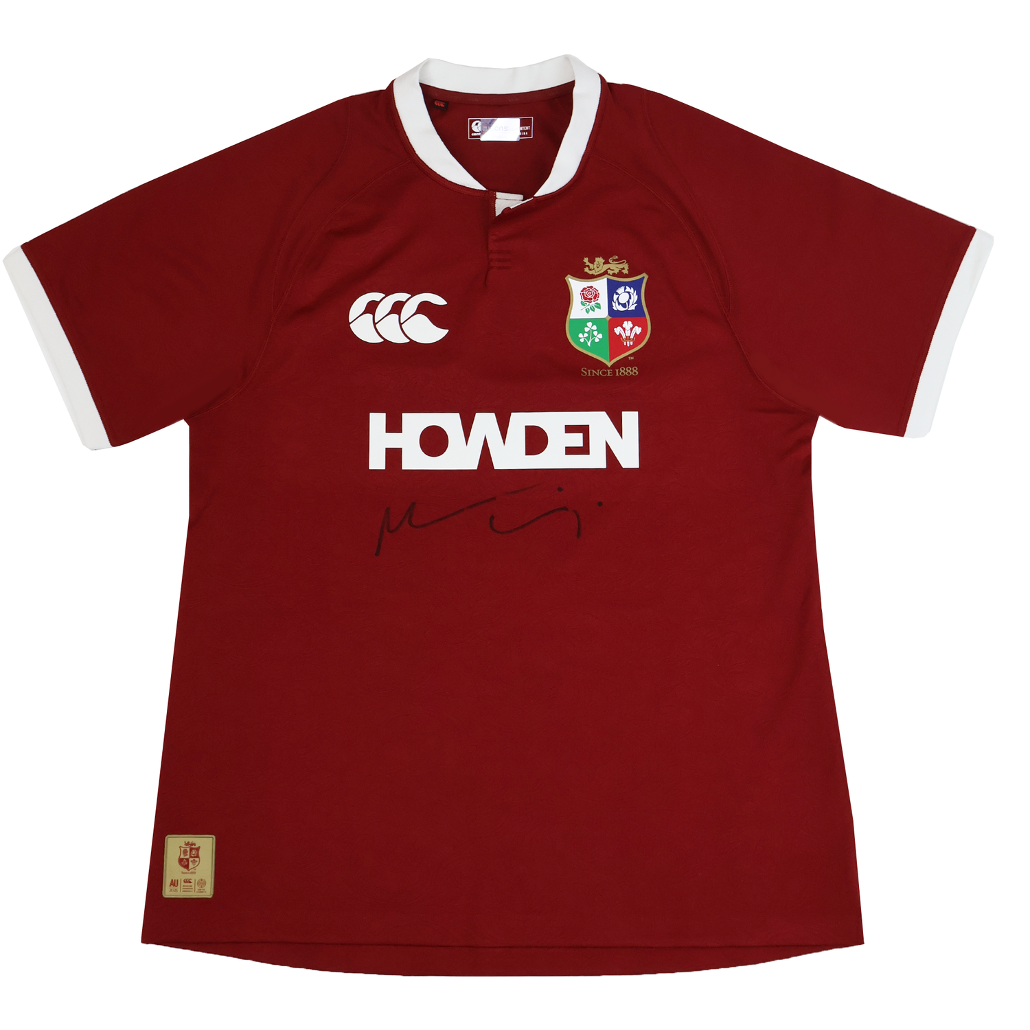 The Icons Maro Itoje Front Signed British & Irish Lions 2025 Shirt features a red short-sleeved jersey with white collar/cuffs, team crest, Canterbury logo, HOWDEN sponsor—an exceptional piece of rugby memorabilia.