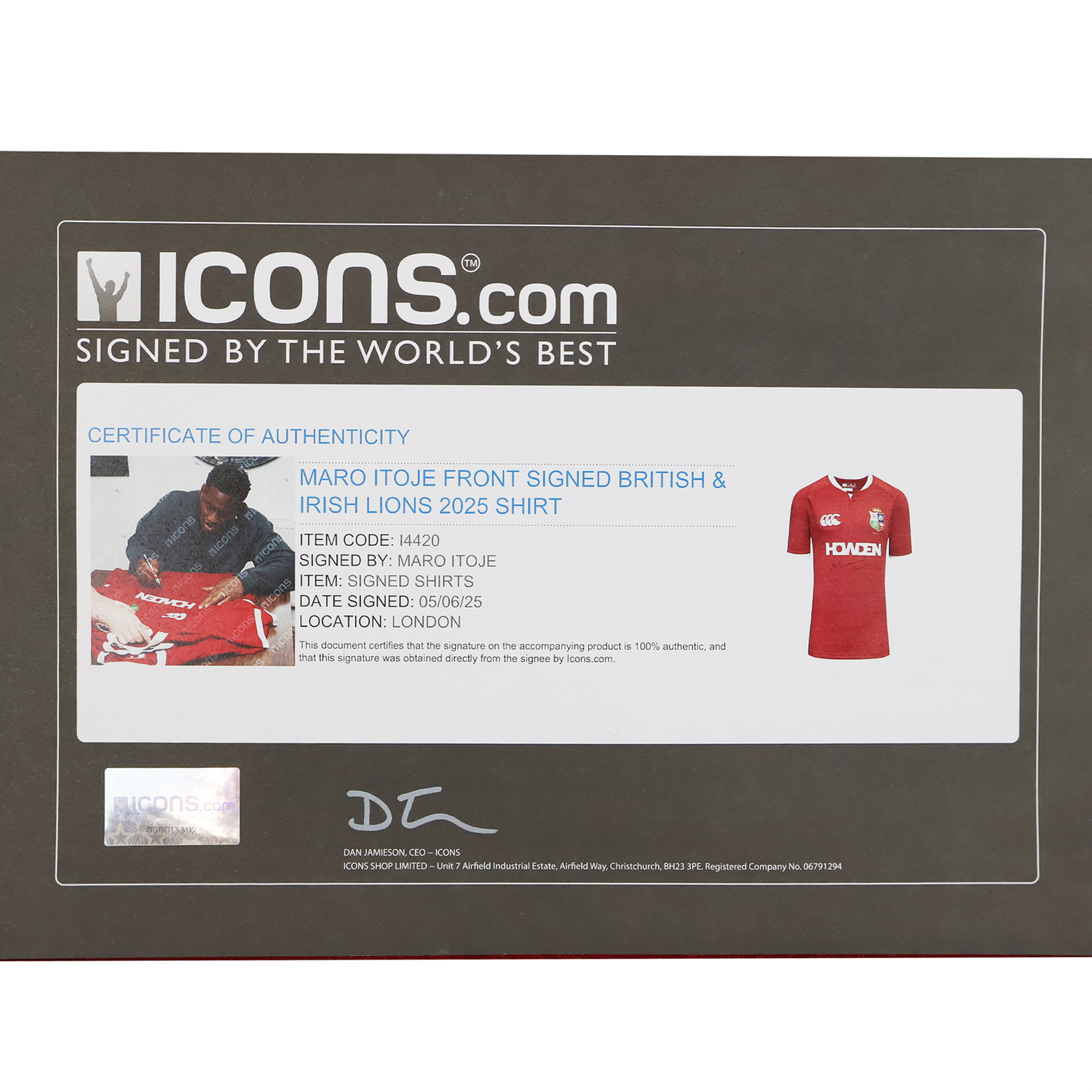 Certificate of authenticity for the Maro Itoje Front Signed British & Irish Lions 2025 Shirt, issued by Icons, featuring a shirt image and signature—premium rugby memorabilia.