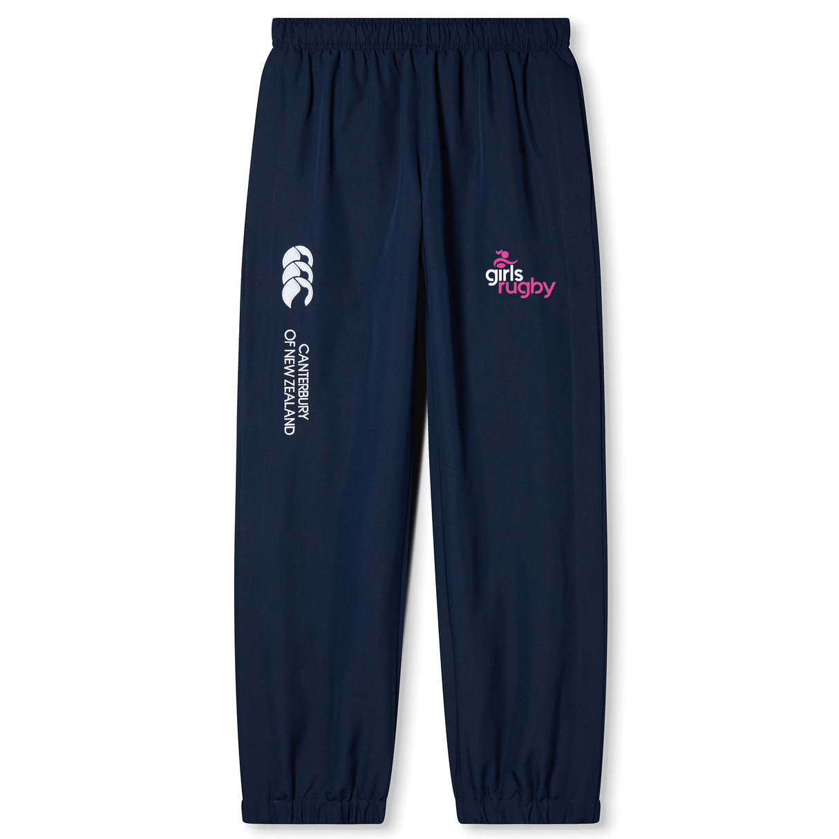 The Girls Rugby Cuffed Hem Stadium Pant by EMB Canterbury features an elastic waistband, cuffed hem, and white/pink logos—ideal for stadium wear or training.