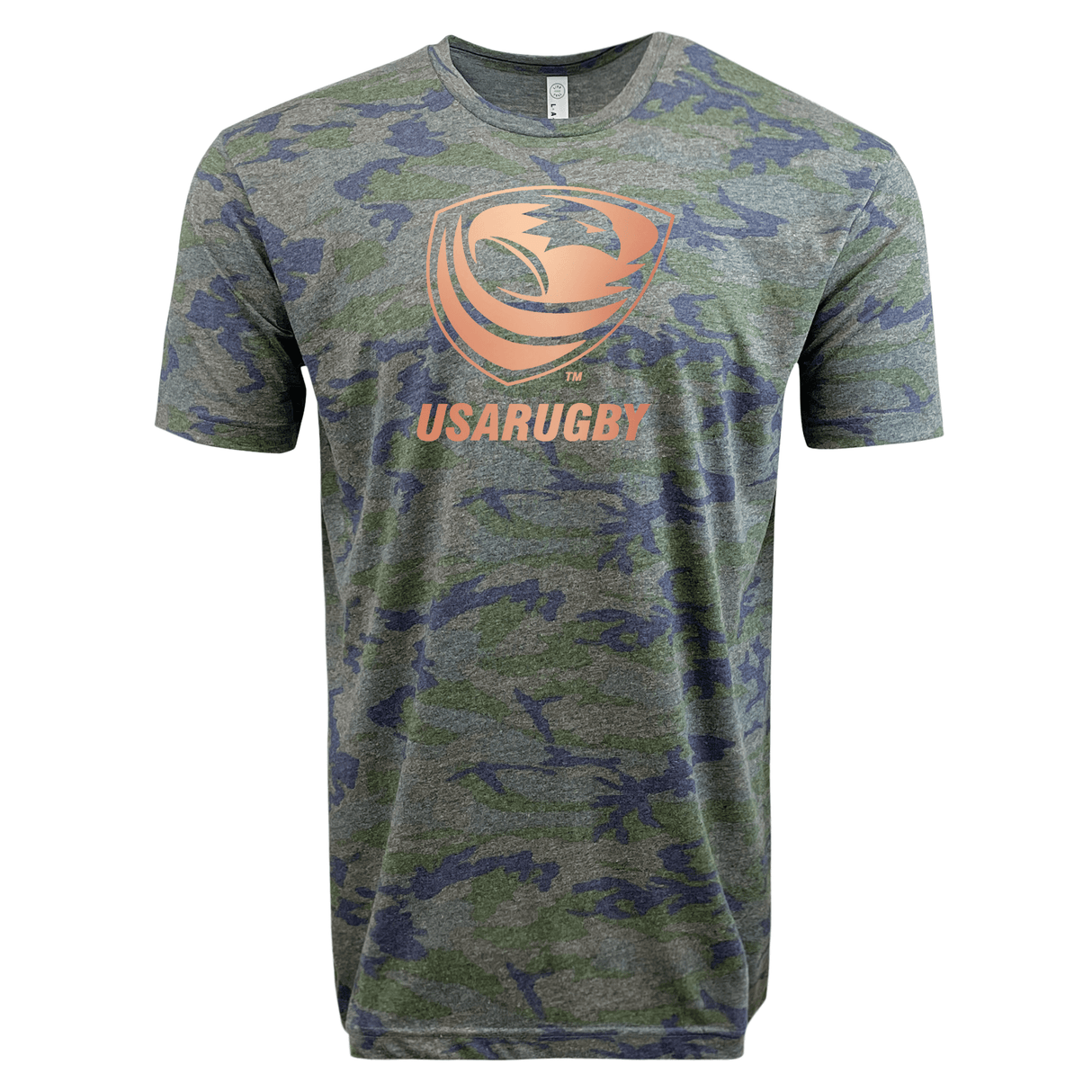 Gray and blue USA Rugby Bronze Camo Edition Supersoft T-Shirt from WRS LAT, featuring the "USA Rugby" logo and an orange rugby ball on the front.