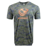 Gray and blue USA Rugby Bronze Camo Edition Supersoft T-Shirt from WRS LAT, featuring the "USA Rugby" logo and an orange rugby ball on the front.