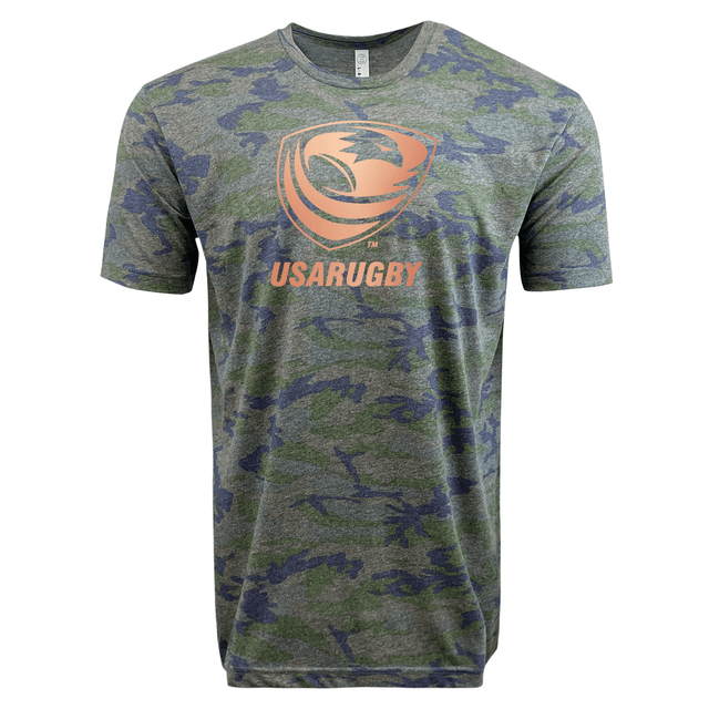 Gray and blue USA Rugby Bronze Camo Edition Supersoft T-Shirt from WRS LAT, featuring the "USA Rugby" logo and an orange rugby ball on the front.