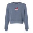 The EMB S&S Activewear Women’s USA Rugby Throwback Mid-Length Crewneck Sweatshirt features “USA RUGBY” text and a red eagle graphic on cozy blue fleece.
