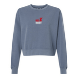 The EMB S&S Activewear Women’s USA Rugby Throwback Mid-Length Crewneck Sweatshirt features “USA RUGBY” text and a red eagle graphic on cozy blue fleece.