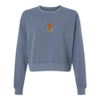 The EMB S&S Activewear Women's USA Rugby Heritage Mid-Length Crewneck Sweatshirt is a blue fleece featuring a small embroidered eagle and "USAFRU" text on the chest, inspired by classic rugby sweatshirt style.