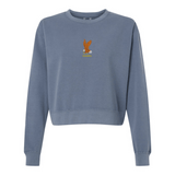 The EMB S&S Activewear Women's USA Rugby Heritage Mid-Length Crewneck Sweatshirt is a blue fleece featuring a small embroidered eagle and "USAFRU" text on the chest, inspired by classic rugby sweatshirt style.
