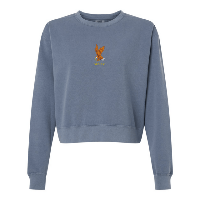 The EMB S&S Activewear Women's USA Rugby Heritage Mid-Length Crewneck Sweatshirt is a blue fleece featuring a small embroidered eagle and "USAFRU" text on the chest, inspired by classic rugby sweatshirt style.