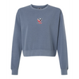 The EMB S&S Activewear Women's USA Rugby Mid-Length Crewneck Sweatshirt is a blue heavyweight fleece, featuring the USA Rugby logo and text centered on the chest for ultimate comfort.