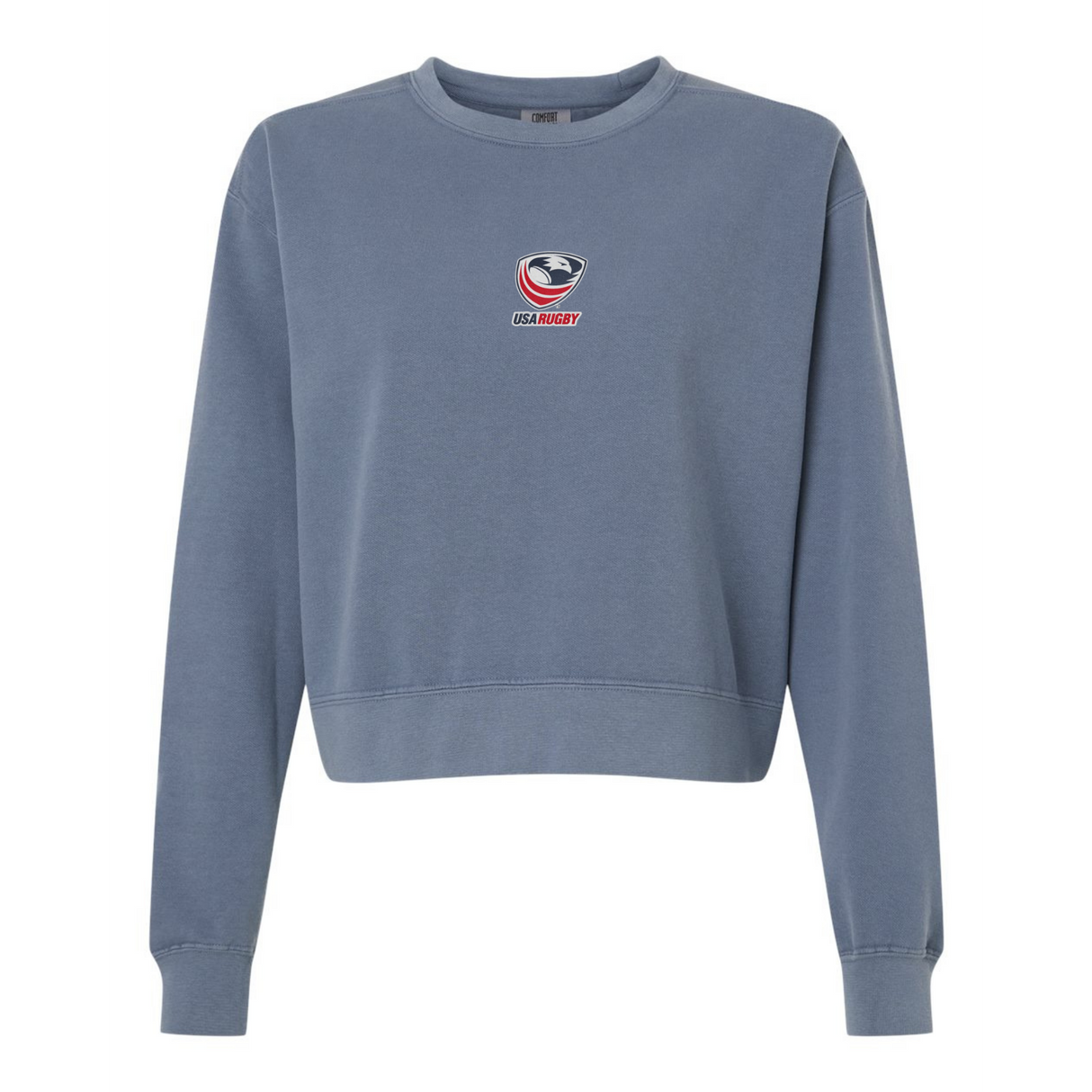 The EMB S&S Activewear Women's USA Rugby Mid-Length Crewneck Sweatshirt is a blue heavyweight fleece, featuring the USA Rugby logo and text centered on the chest for ultimate comfort.