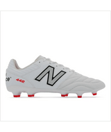 A New Balance Wide 442 v2 Pro Synthetic FG cleat in white and silver, designed for firm ground play, featuring the iconic "N" logo on the side and "442" text near the heel.