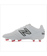 Side view of a New Balance Wide 442 v2 Pro Synthetic FG soccer cleat in white, featuring a silver New Balance logo and red studs on the soles, designed for firm ground play; perfect for those needing wide width options.