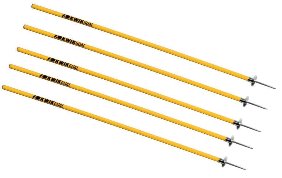Five Kwik Goal Yellow Rugby Coaching Sticks, each featuring metal spikes at the ends, are arranged diagonally on a white background—essential training equipment for agility drills.