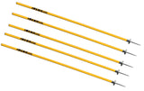 Five Kwik Goal Yellow Rugby Coaching Sticks, each featuring metal spikes at the ends, are arranged diagonally on a white background—essential training equipment for agility drills.
