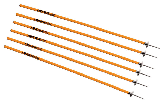 Six Kwik Goal Orange Rugby Coaching Sticks with pointed metal ends and black branding, arranged diagonally on a white background—essential agility training equipment, perfect for rugby coaches.